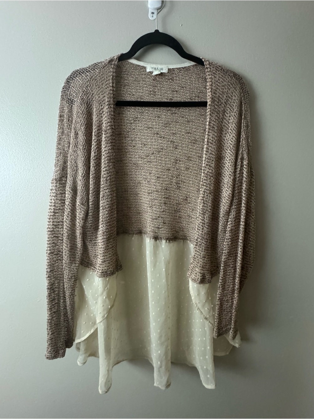 Taylor & Sage Taupe Knit Open Cardigan with Cream Dotted Chiffon Hem Large